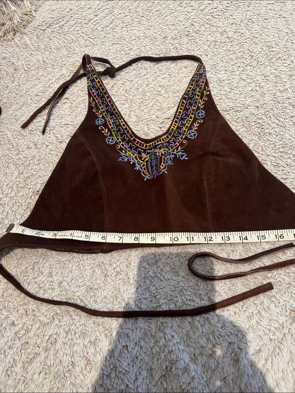 Ladies size M Passport leather Brown Halter Crop Top with Multicolor Embroidery
